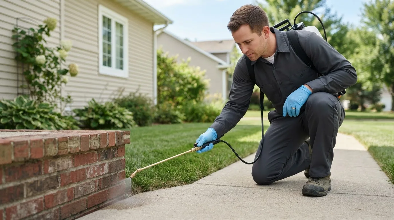 Pest control technician treating a home near Beacon, IA