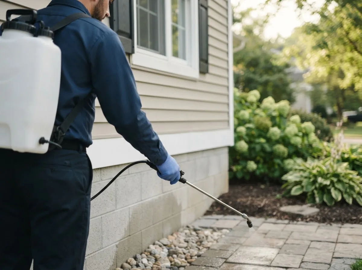 Pest control technician inspecting a home in Beacon, IA
